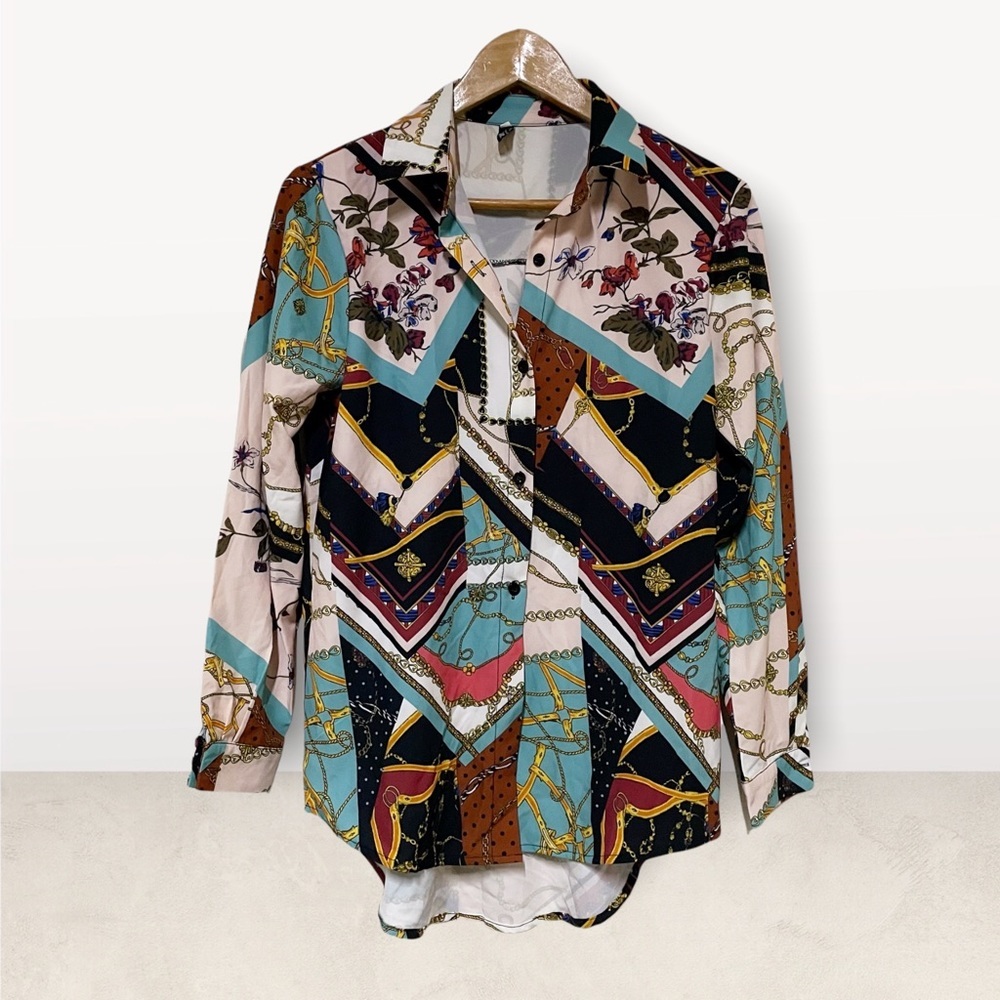 Colorblock chain floral baroque button down shirt